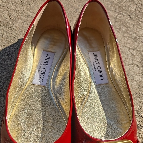 Jimmy Choo Flat Pumps Size 34.5 Red Burgundy Enamel Casual Shoes - Picture 6 of 11